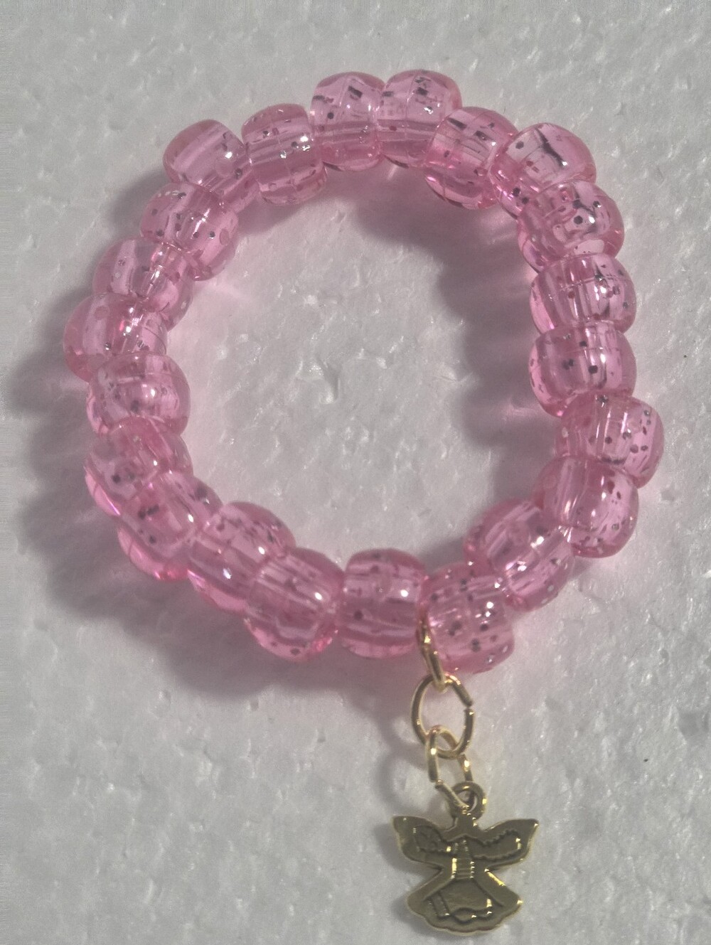 Handcrafted Pink Beaded Stretch Girl's  Bracelet with Gold Angel Charm